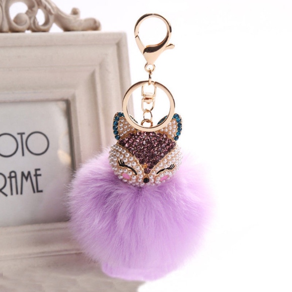 Accessories - Rhinestone Fox Furry Pom Pom Pearl Keychain Purse
